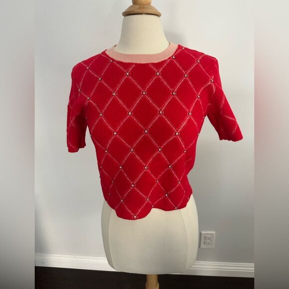 Maje Moderne Rhinestone Quilted Short Sleeve pink Knit Top Sweater Size 3 Large - Picture 1 of 12
